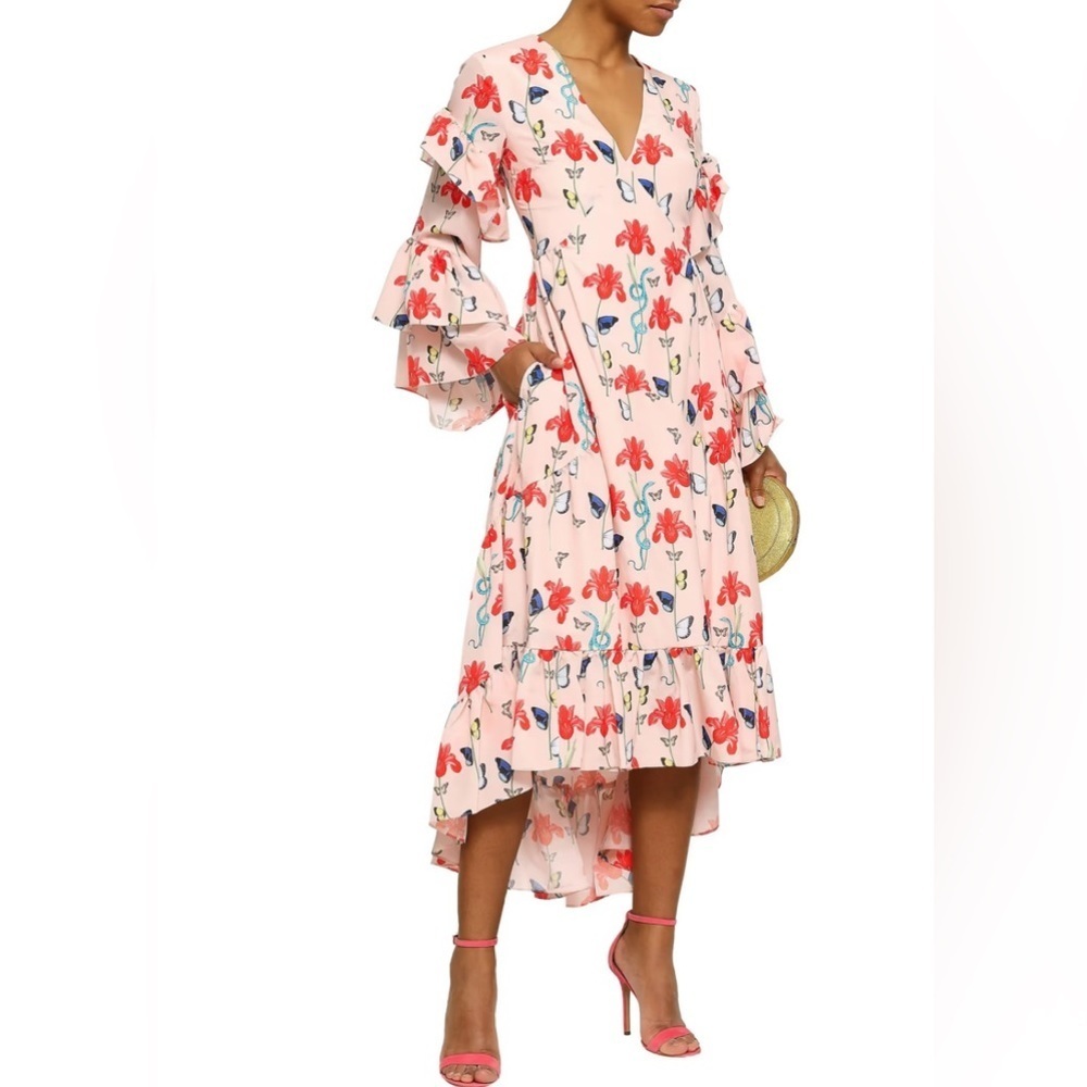 Borgo‎ de Nor Luna Asymmetrical Printed Crepe de Chine Midi Dress in Light Pink